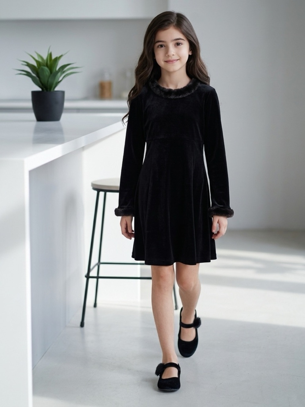 EUC The Children's Place Girls Black Faux Fur Trim Long Sleeve Dress - Size 6/7